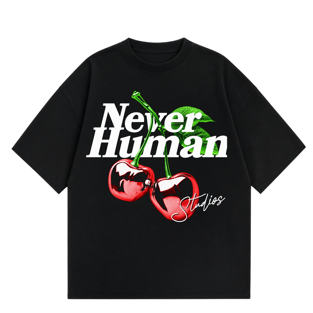 Never Human cherries tee, front