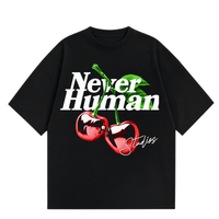 Never Human cherries tee, front