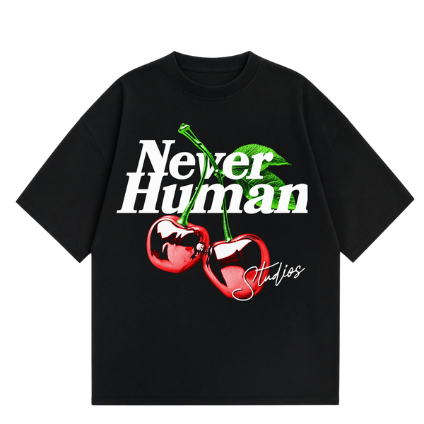 Never Human cherries tee, front