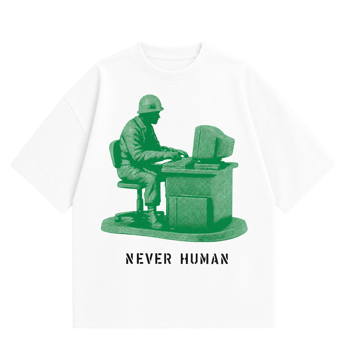 Never Human desk duty tee, front