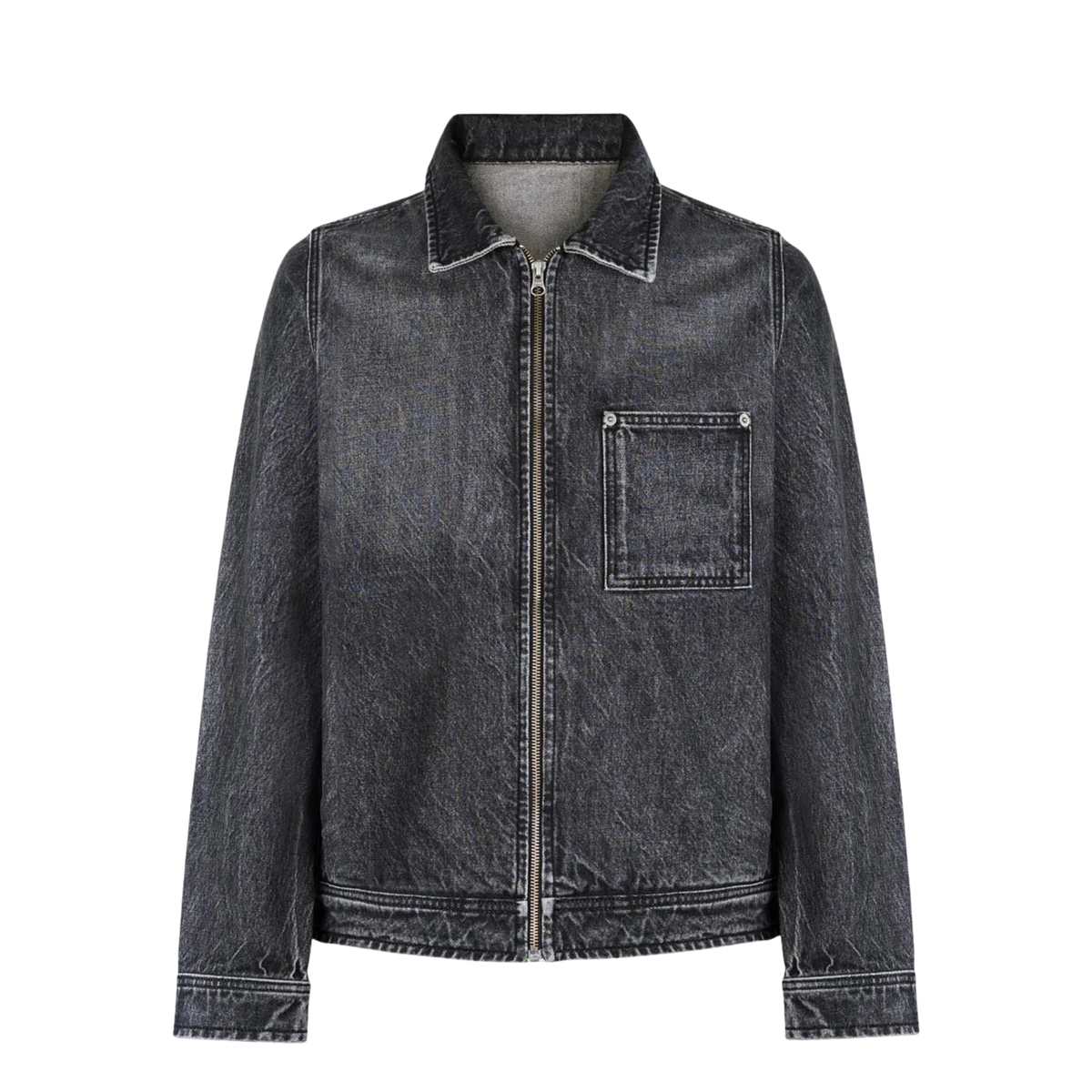 Never Human faded black relaxed denim jacket, front