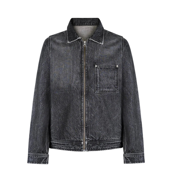 Never Human faded black relaxed denim jacket, front