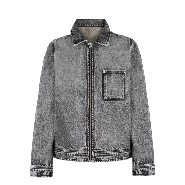 Never Human faded grey relaxed denim jacket, front
