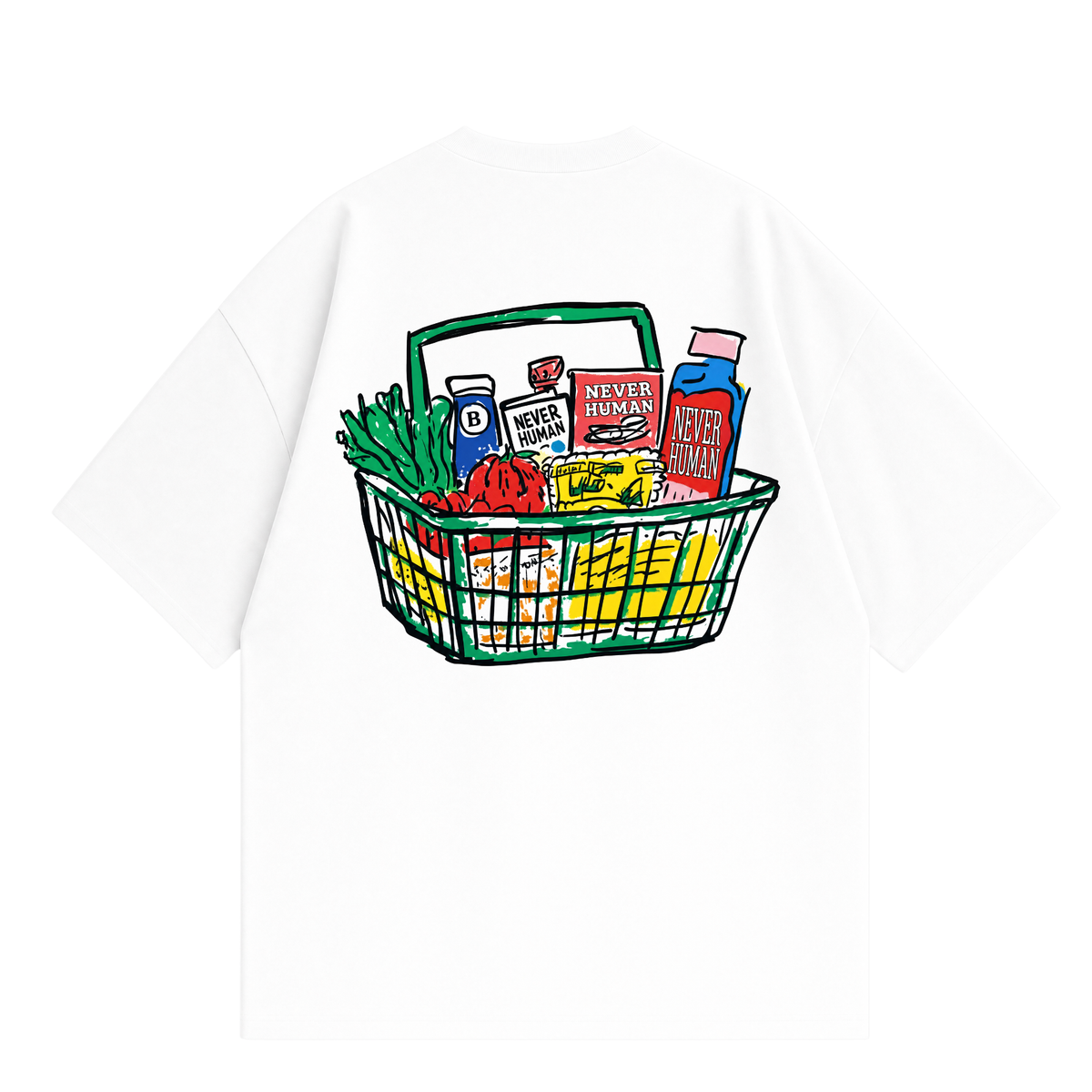 Never Human grocery run tee, back