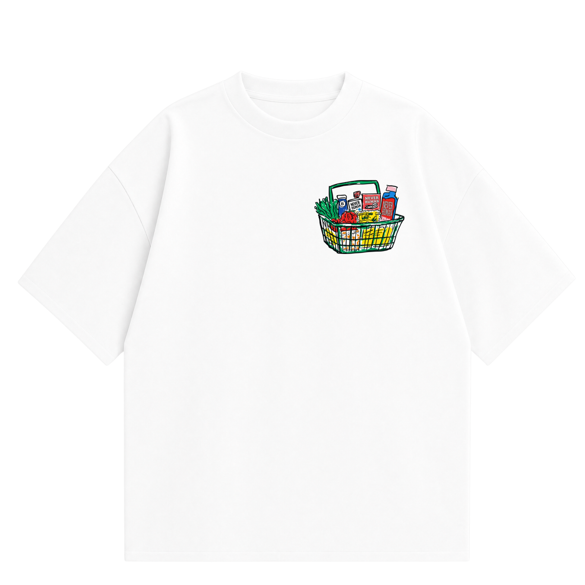 Never Human grocery run tee, front