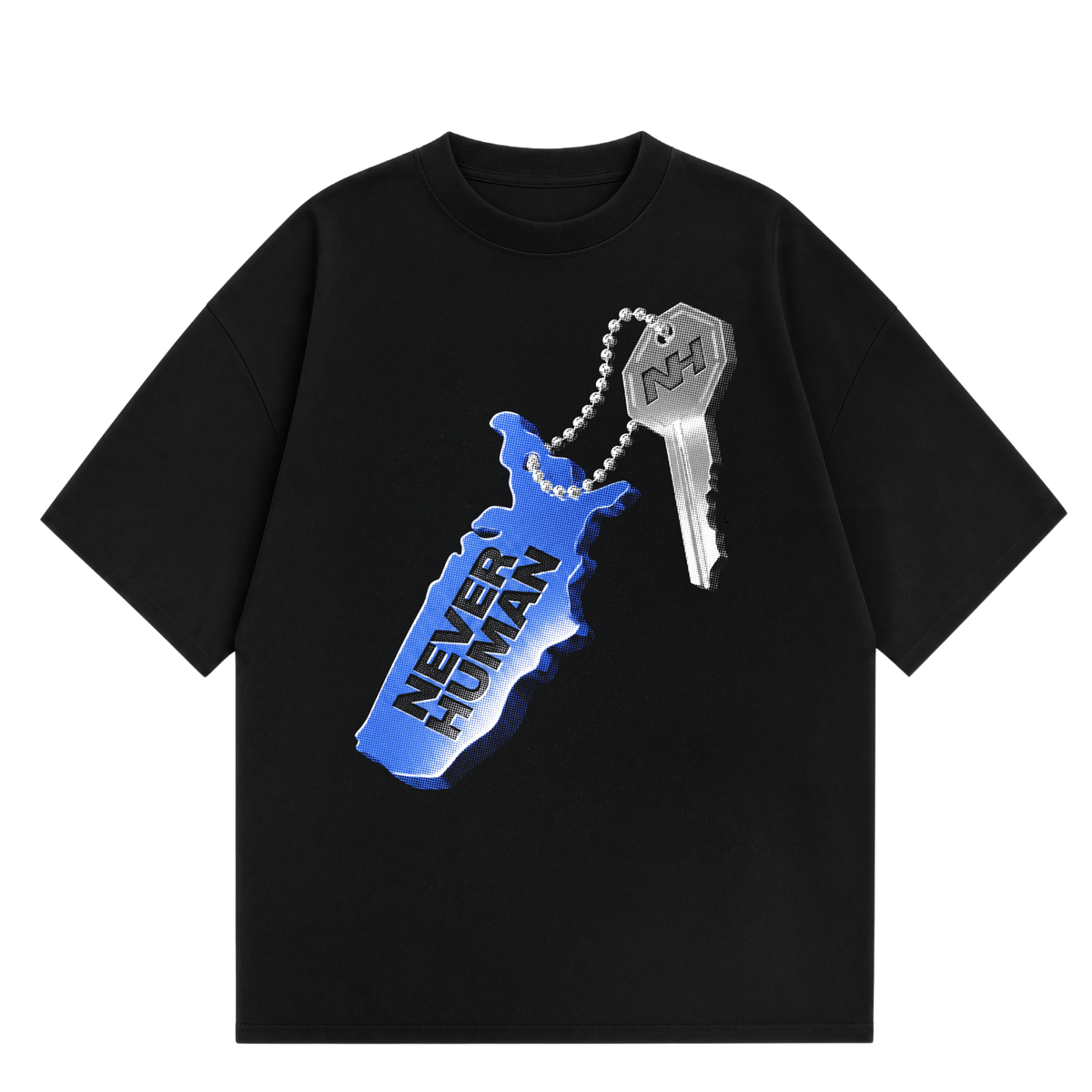 Never Human keychain tee, front