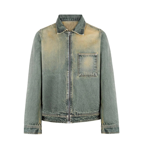 Never Human light blue relaxed denim jacket, front