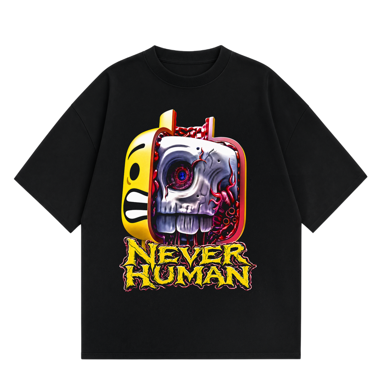 Never Human mask off tee, front