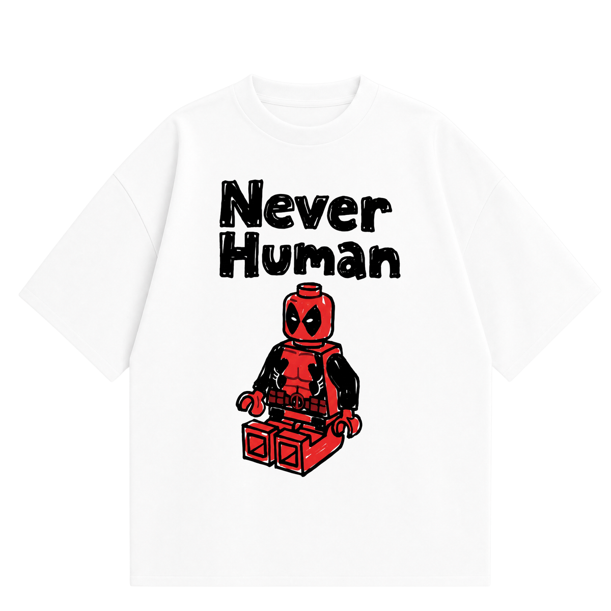 Never Human red brick tee, front