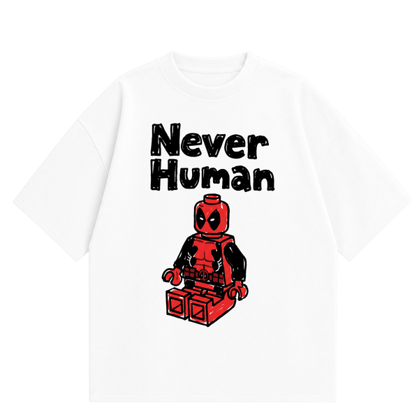 Never Human red brick tee, front