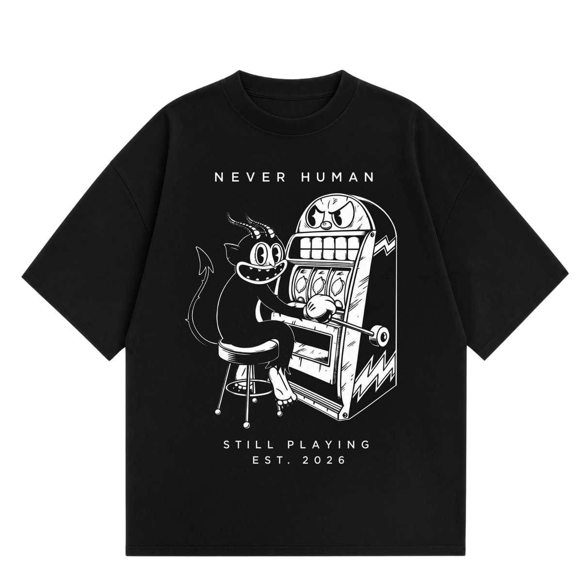 Never Human still playing tee, front